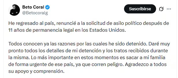 El activista anticipó que dará detalles sobre su detención y sobre los tratos recibidos bajo custodia en Estados Unidos - crédito @Betocoralg/X