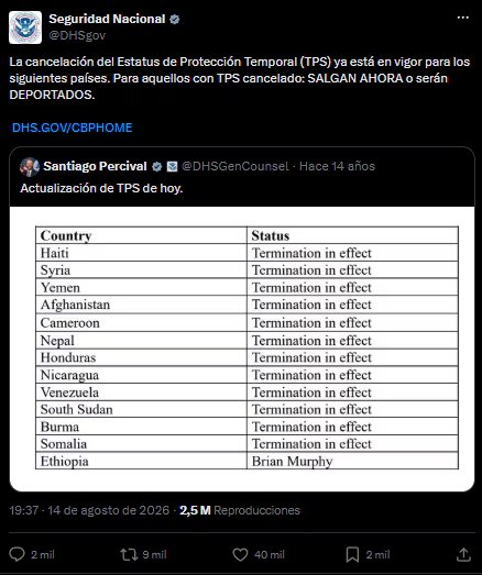 Posteo oficial del Departamento de Seguridad Nacional anunciando que el TPS ya no tenía vigencia para los refugiados de Haití, Honduras,Nicaragua y Venezuela, entre otros países