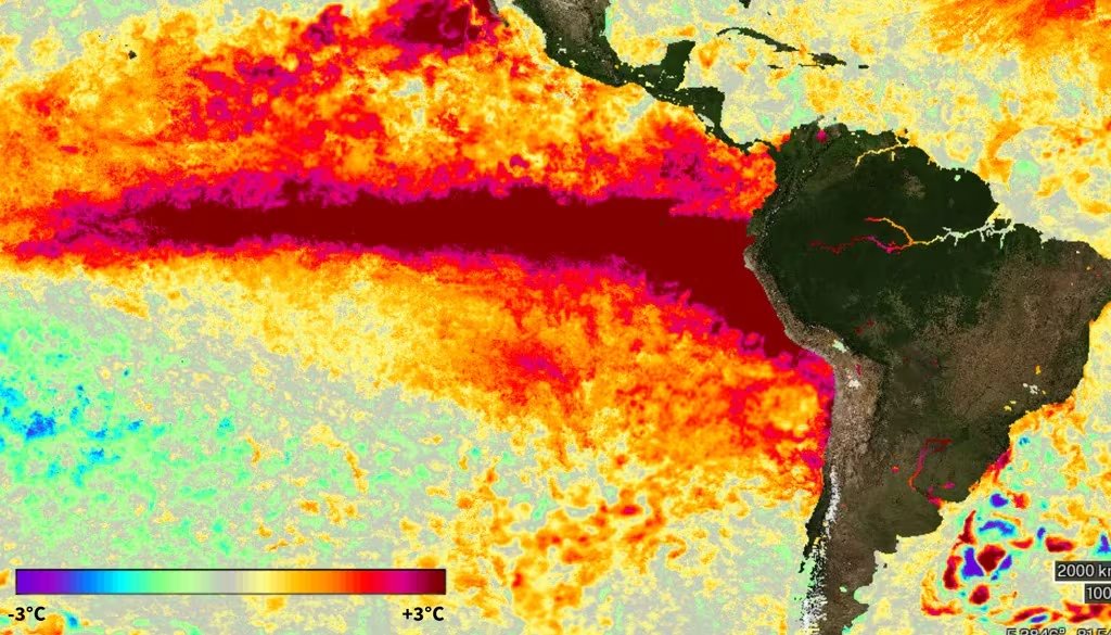 El nuevo método de la NOAA ajusta las anomalías de temperatura considerando el calentamiento global y modifica la intensidad de El Niño
 (NASA)