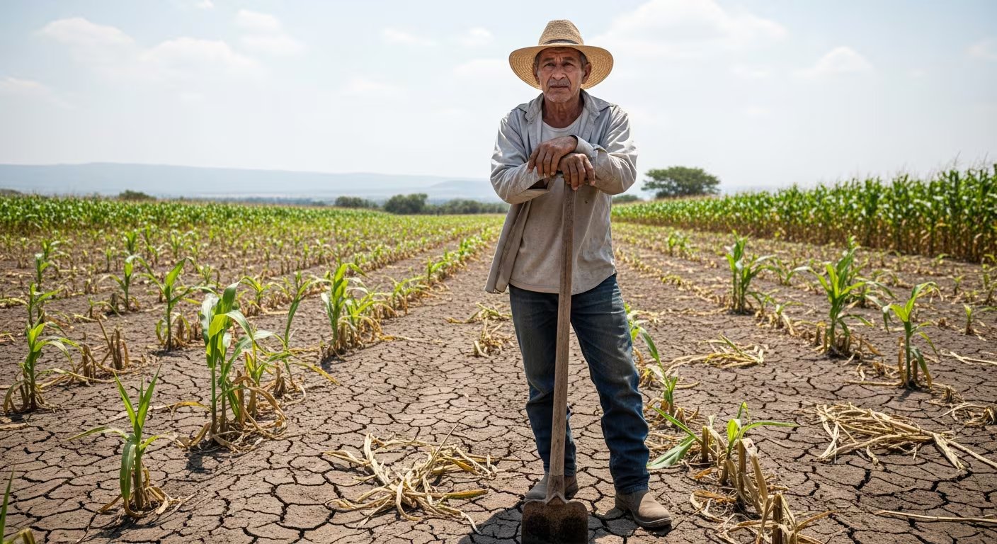 Un agricultor salvadoreño se apoya en su pala en un campo de cultivo con tierra agrietada, lo que indica el impacto de la sequía y el fenómeno de El Niño. (Imagen Ilustrativa Infobae)
