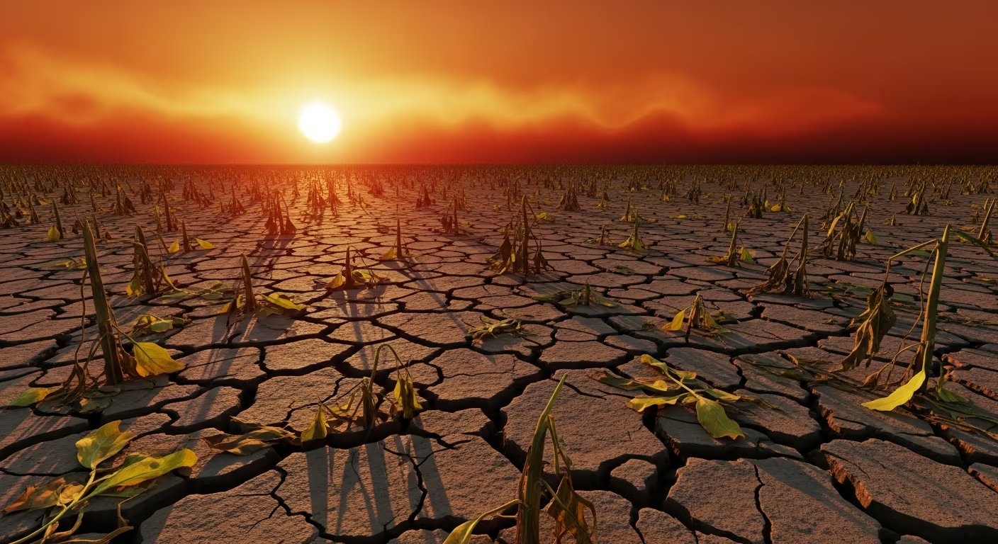 Un campo agrícola sufre las consecuencias de una sequía extrema, con la tierra agrietada y plantas marchitas bajo un sol intenso y un cielo anaranjado, reflejando el calor extremo. (Imagen Ilustrativa Infobae)