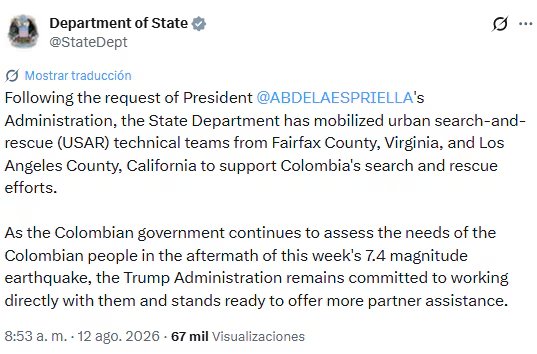 El Departamento de Estado, liderado por Marco Rubio, aseguró que el Gobierno Trump está comprometido a colaborar para superar las consecuencias del desastre natural - crédito @StateDept/X