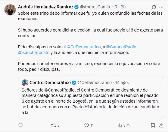 Andrés Hernández admitió que confundió las fechas en sus publicaciones sobre la elección del contralor general - crfédito @AndresCamiloHR/X