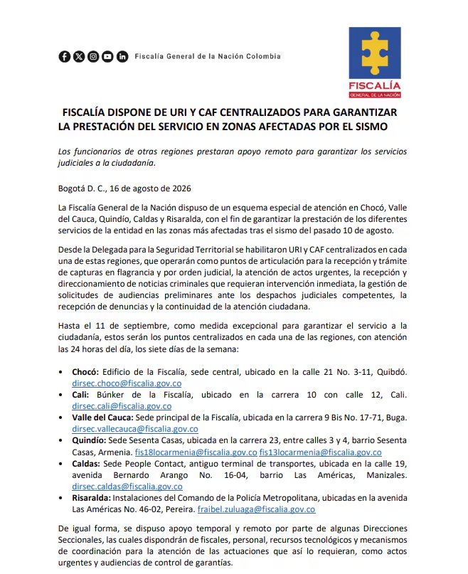 La medida incluye la habilitación de puntos centralizados en Chocó, Cali, Valle del Cauca, Quindío, Caldas y Risaralda. Estos sitios operan 24 horas al día hasta el 11 de septiembre de 2026 - crédito Fiscalía 