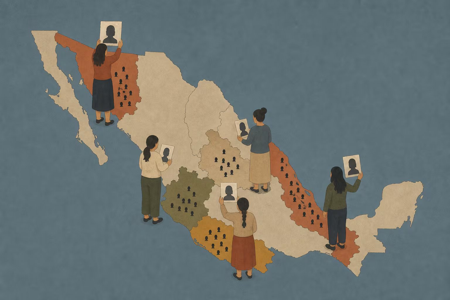 Madres buscadoras sostienen retratos sobre un mapa de México que señala estados con fosas clandestinas. (Imagen Ilustrativa Infobae)