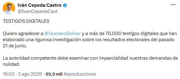 Iván Cepeda agradeció a testigos digitales y pidió imparcialidad en revisión electoral - crédito @IvanCepedaCast/X