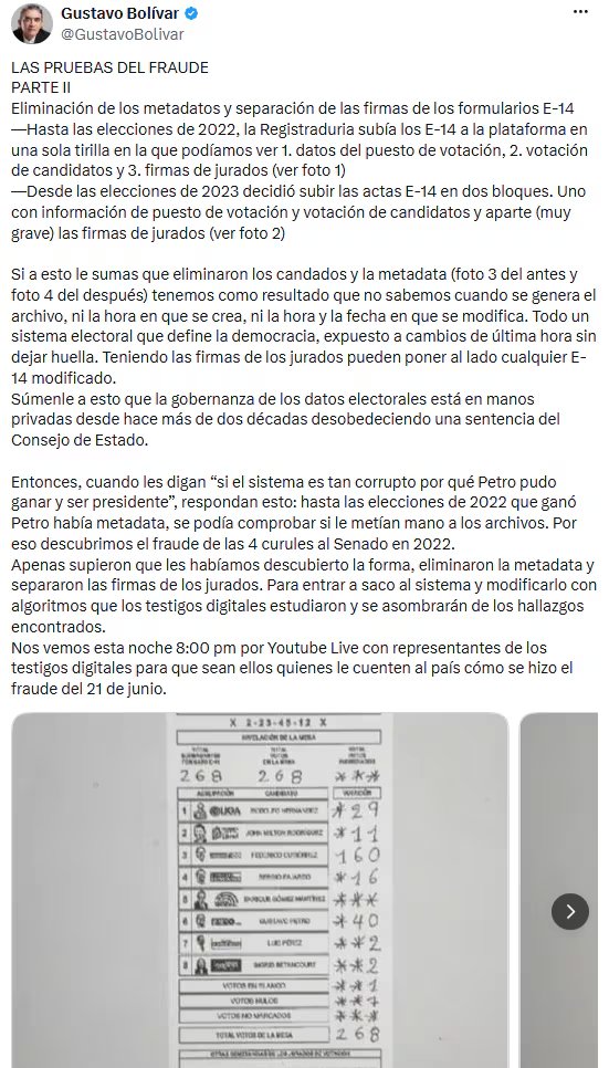 Gustavo Bolívar denunció cambios en el manejo de los formularios E-14 y alertó sobre vulnerabilidad electoral - crédito @GustavoBolivar/X