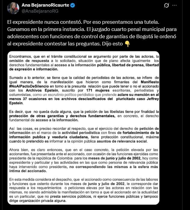 Ana Bejarano recordó que el 7 de mayo de 2026 presentaron un derecho de petición para que el exmandatario respondiera las 33 preguntas - crédito @AnaBejaranoRG/X