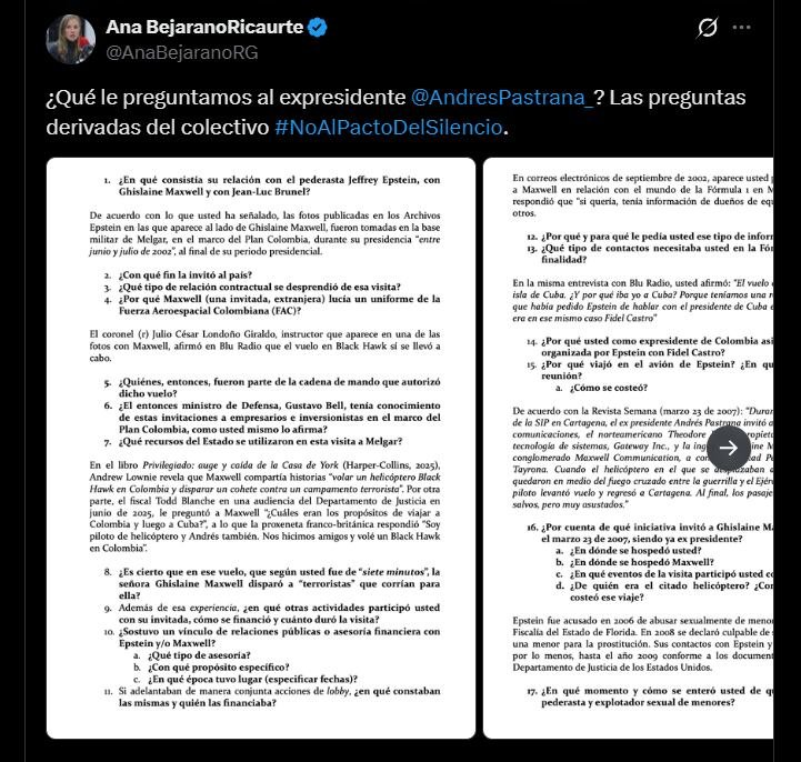 Ana Bejarano afirmó que corresponde a la Corte Constitucional y a la sociedad colombiana decidir si es “lícito” preguntar al expresidente Andrés Pastrana por sus supuestos vínculos en el caso Jeffrey Epstein - crédito @AnaBejaranoRG/X