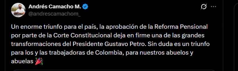 Andrés Camacho, exministro de Minas y Energía, celebró la decisión de la Corte Constitucional y la calificó como un “triunfo” para los trabajadores del país - crédito @andrescamachom_/X