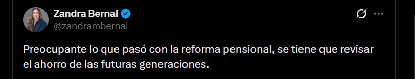 Zandra Bernal aseguró que es “preocupante” lo que sucedió con la reforma pensional en la Corte Constitucional - crédito @zandrambernal/X