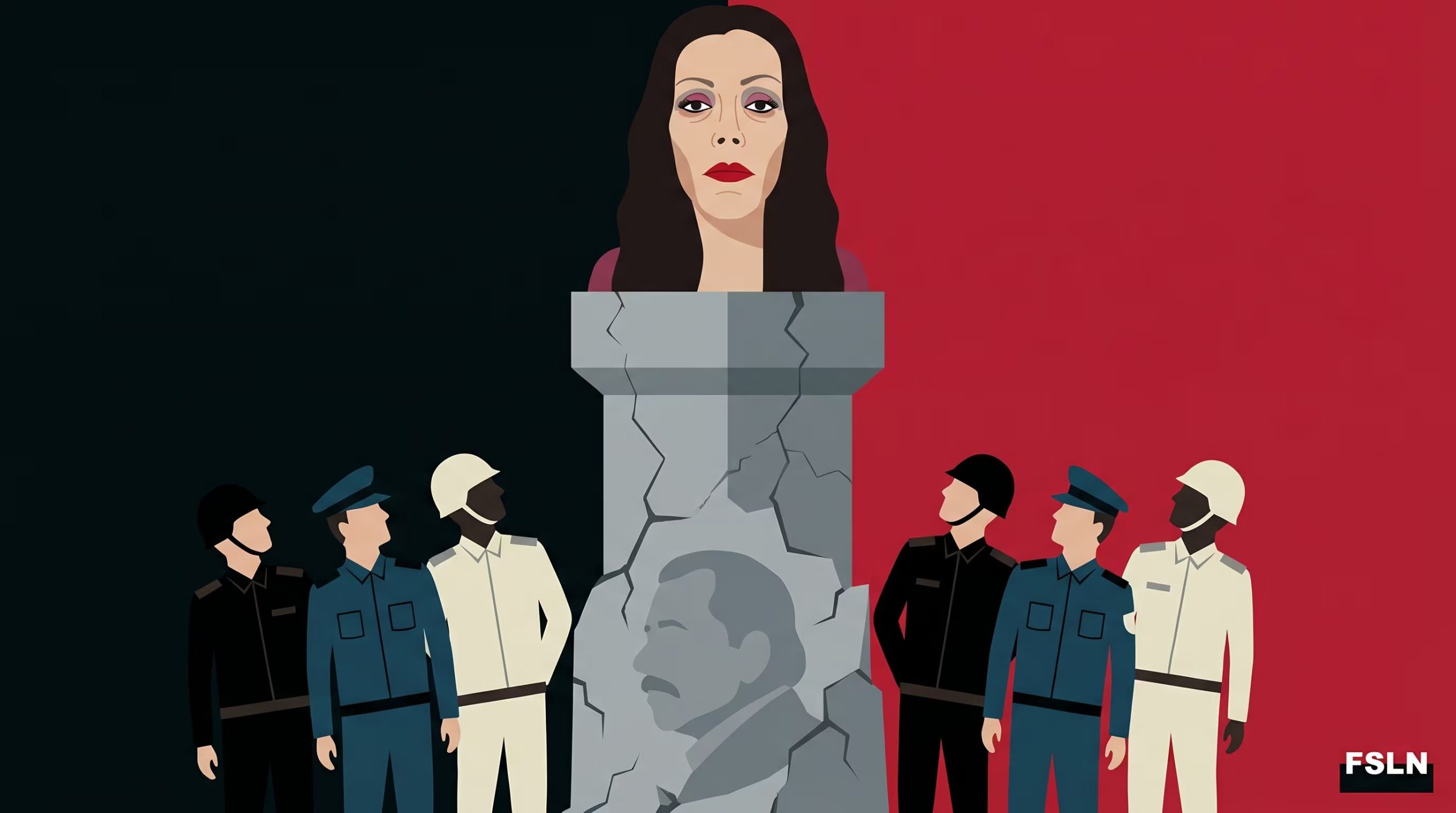 Una ilustración política muestra a Rosario Murillo sobre un pedestal agrietado con el perfil de Daniel Ortega tallado, mientras figuras abstractas de militares y policías observan con incertidumbre bajo un fondo bicolor rojo y negro del FSLN. (Imagen Ilustrativa Infobae)