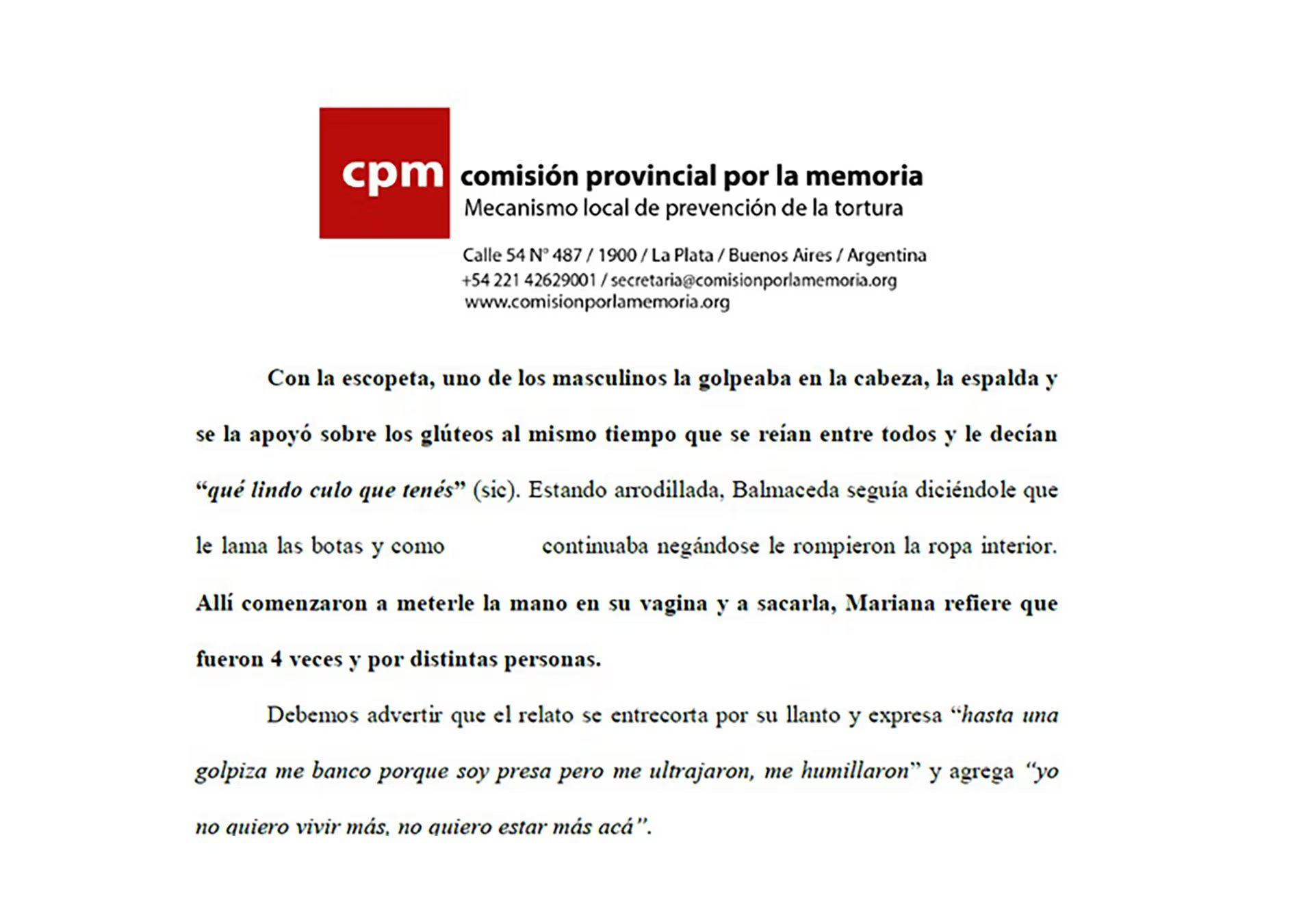 Fragmento de la denuncia del CPM con el testimonio de una detenida