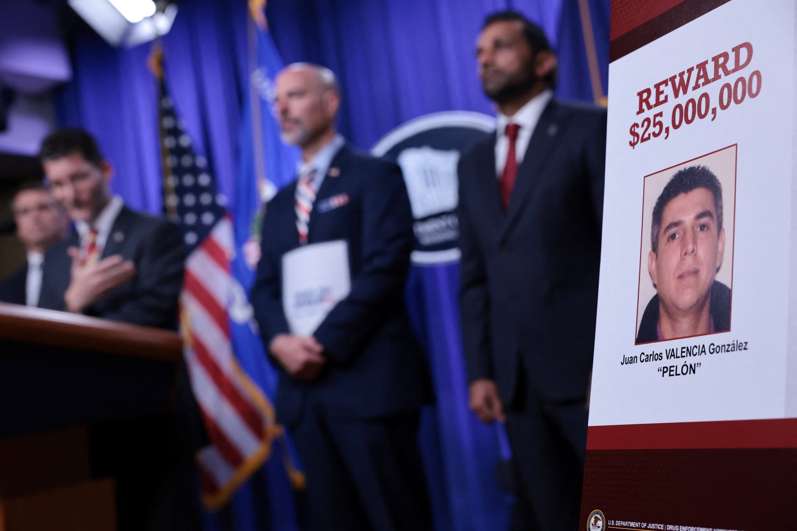 Acting US Attorney General Todd Blanche, FBI Director Kash Patel and Justice Department staff hold a press conference to announce new Trump administration actions against ⁠Juan ​Carlos Valencia Gonzalez, known as 