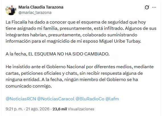 La viuda del precandidato y senador del Centro Democrático afirmó que ningún miembro del Gobierno nacional se ha comunicado con ella - crédito @mariac_tarazona/X