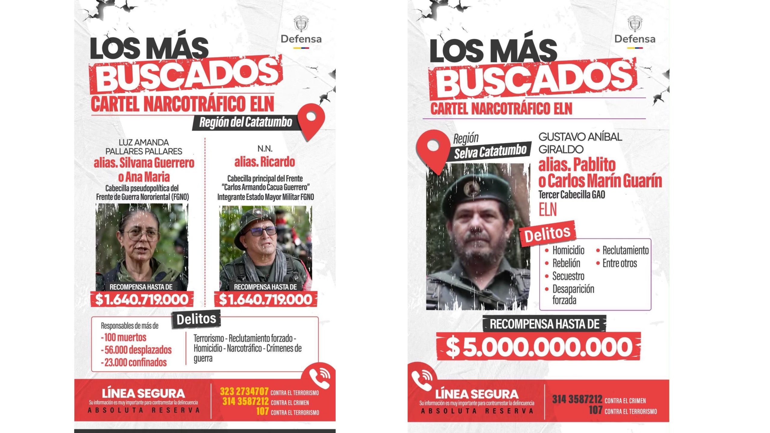 El Ministerio de Defensa recordó el cartel de los principales cabecillas del ELN en la región del Catatumbo, entre ellos alias Pablito, Ricardo y Silvana Guerrero, por quienes ofrece millonarias recompensas - crédito Pedro Sánchez/X