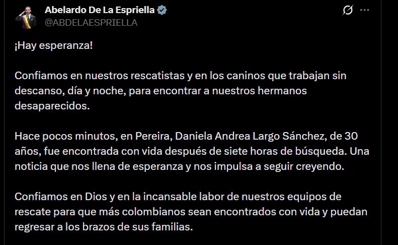 Abelardo de la Espriella se pronunció tras el rescate de la mujer de 32 años y expresó su total confianza y apoyo a los rescatistas por la labor que realizaron - crédito @ABDELAESPRIELLA/X