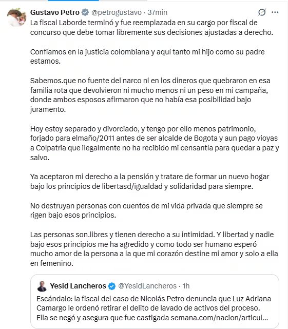 El expresidente afirmó que confía en que la justicia colombiana dé claridad sobre el proceso legal - crédito @petrogustaco/X
