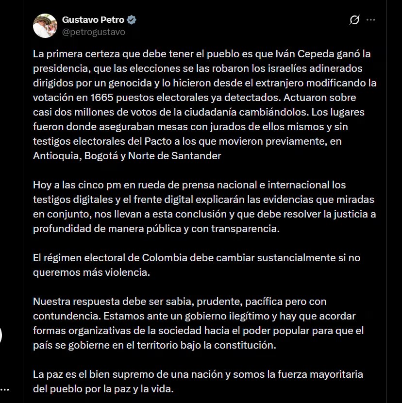 Petro afirmó en X que Iván Cepeda ganó la presidencia y denunció una supuesta manipulación de casi dos millones de votos en 1665 puestos electorales - crédito X