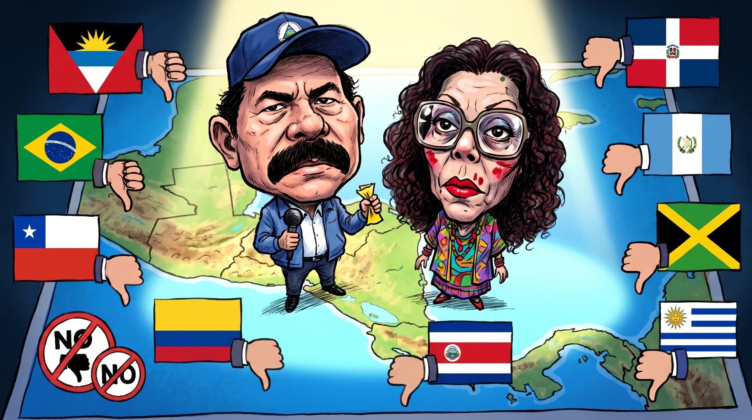 Daniel Ortega y Rosario Murillo son representados en un mapa de Centroamérica y el Caribe, mientras banderas de varios países cercanos muestran rechazo con un pulgar hacia abajo. (Imagen Ilustrativa Infobae)