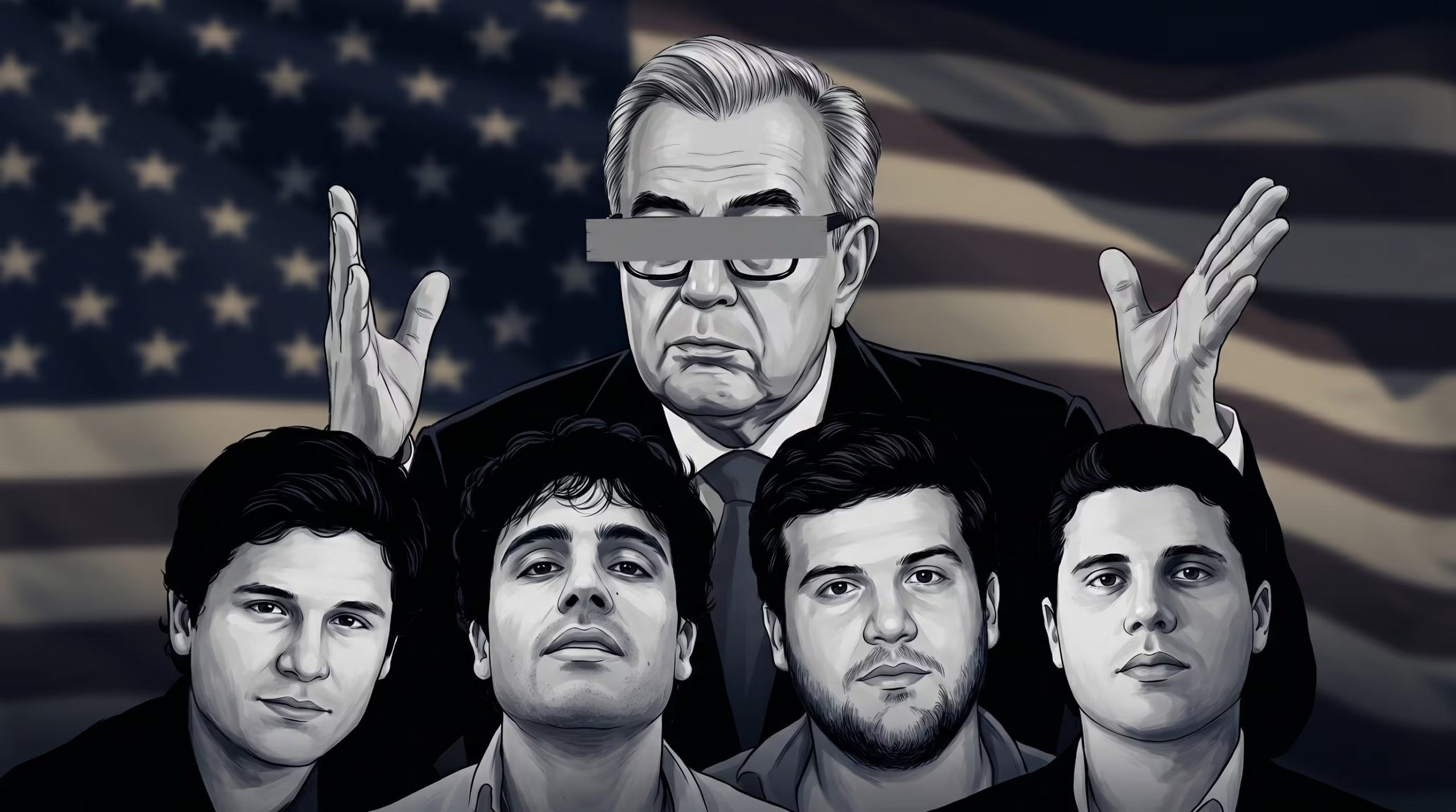 Ilustración editorial que representa a Rubén Rocha Moya con censura visual y a Los Chapitos, sobre un fondo de la bandera de Estados Unidos, simbolizando las acusaciones de narcopolítica y la intervención estadounidense. (Imagen Ilustrativa Infobae)