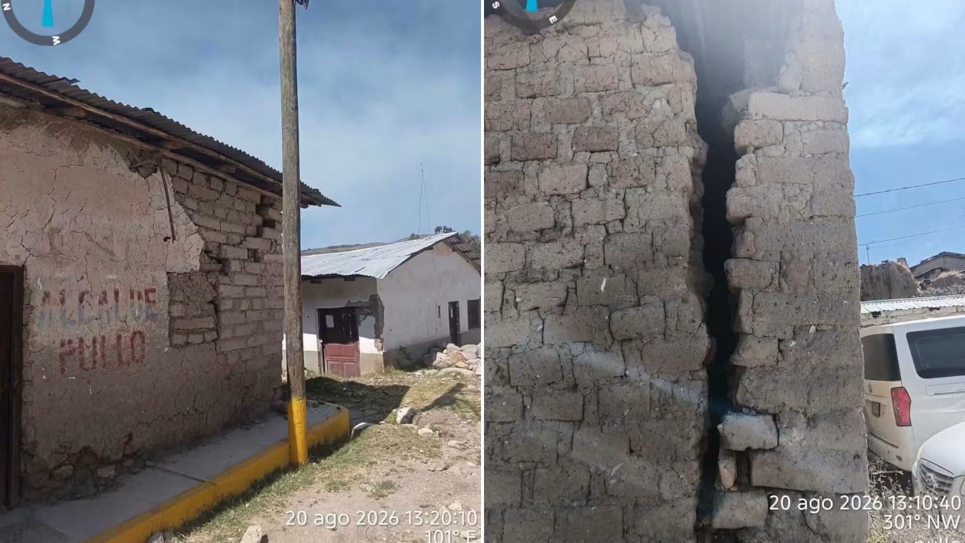 Viviendas en el distrito de Pullo, Coracora, Ayacucho, presentan daños estructurales y grietas en sus paredes de adobe tras un sismo de magnitud 7.2.