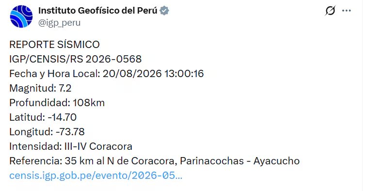 El epicentro tuvo como epicentro la ciudad de Coracora en Ayacucho - Créditos: @igp_peru.