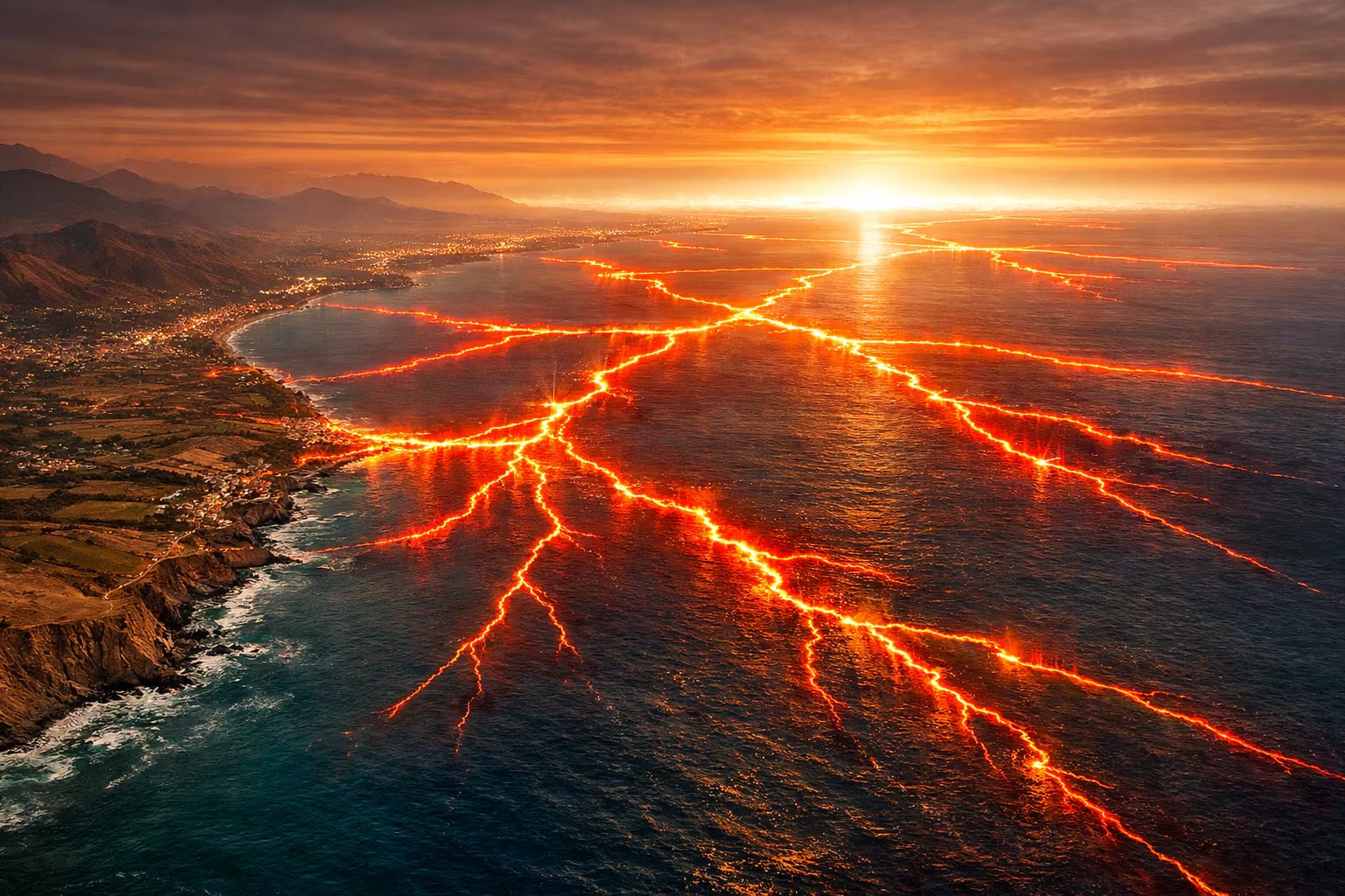 Líneas de energía sísmica simuladas cruzan el océano Pacífico frente a la costa peruana al atardecer, mostrando el impacto conceptual de un megaevento sísmico. (Imagen Ilustrativa Infobae)