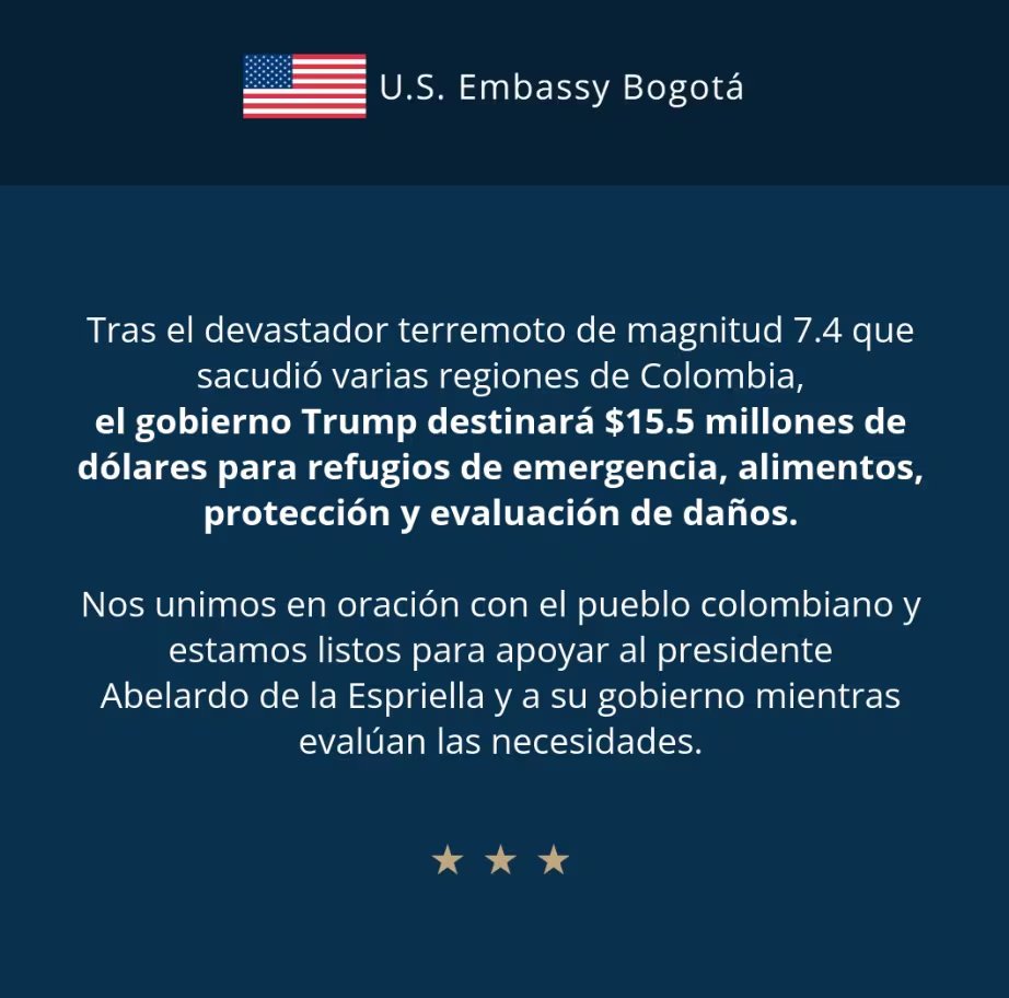 La administración de Donald Trump anunció que destinará 15.5 millones de dólares para apoyar a los damnificados en Colombia con refugios de emergencia, alimentos, protección y evaluación de daños - crédito @usembassybogota/IG