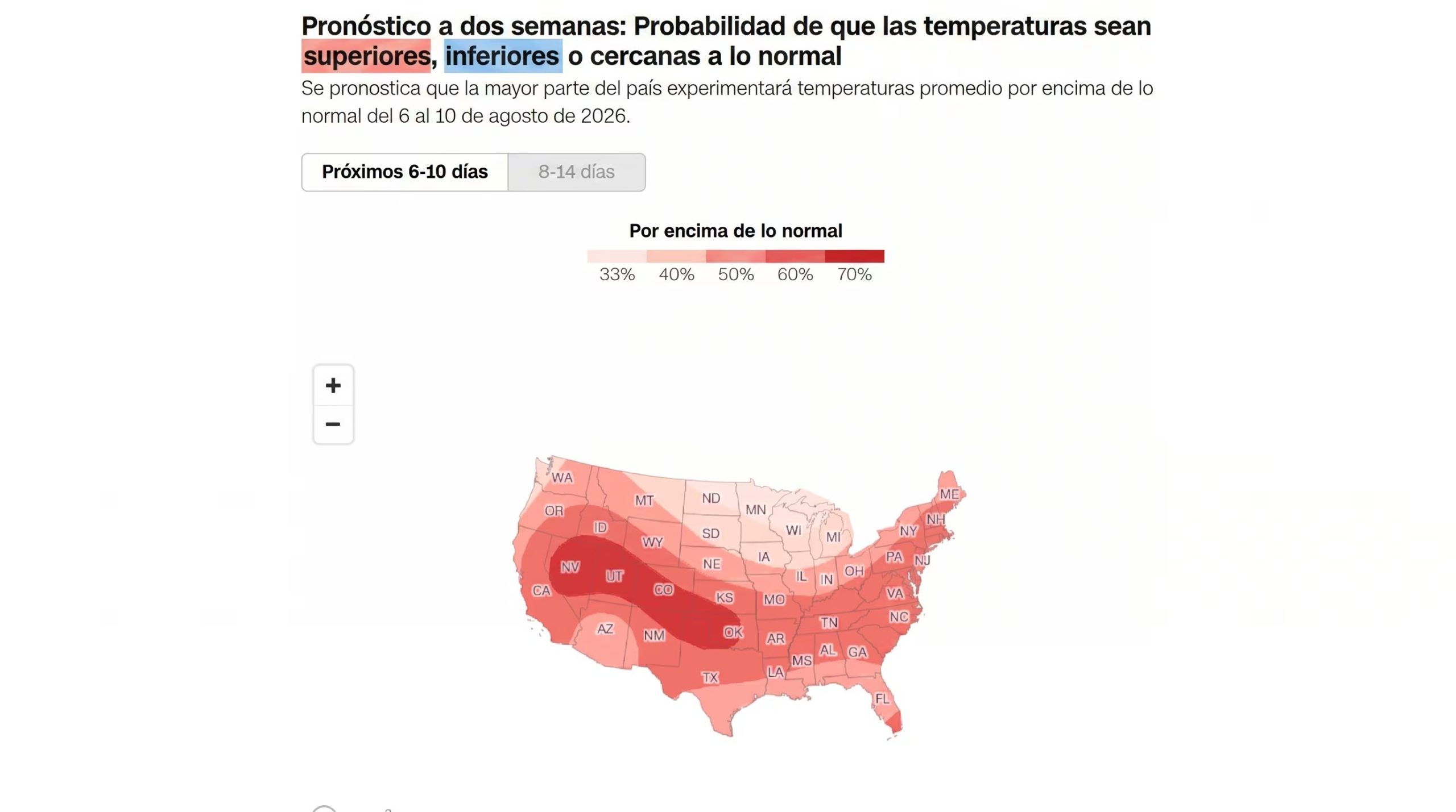Un mapa de los Estados Unidos indica la probabilidad de temperaturas promedio superiores a lo normal para la mayor parte del país entre el 6 y el 10 de agosto de 2026 (Mapbox)