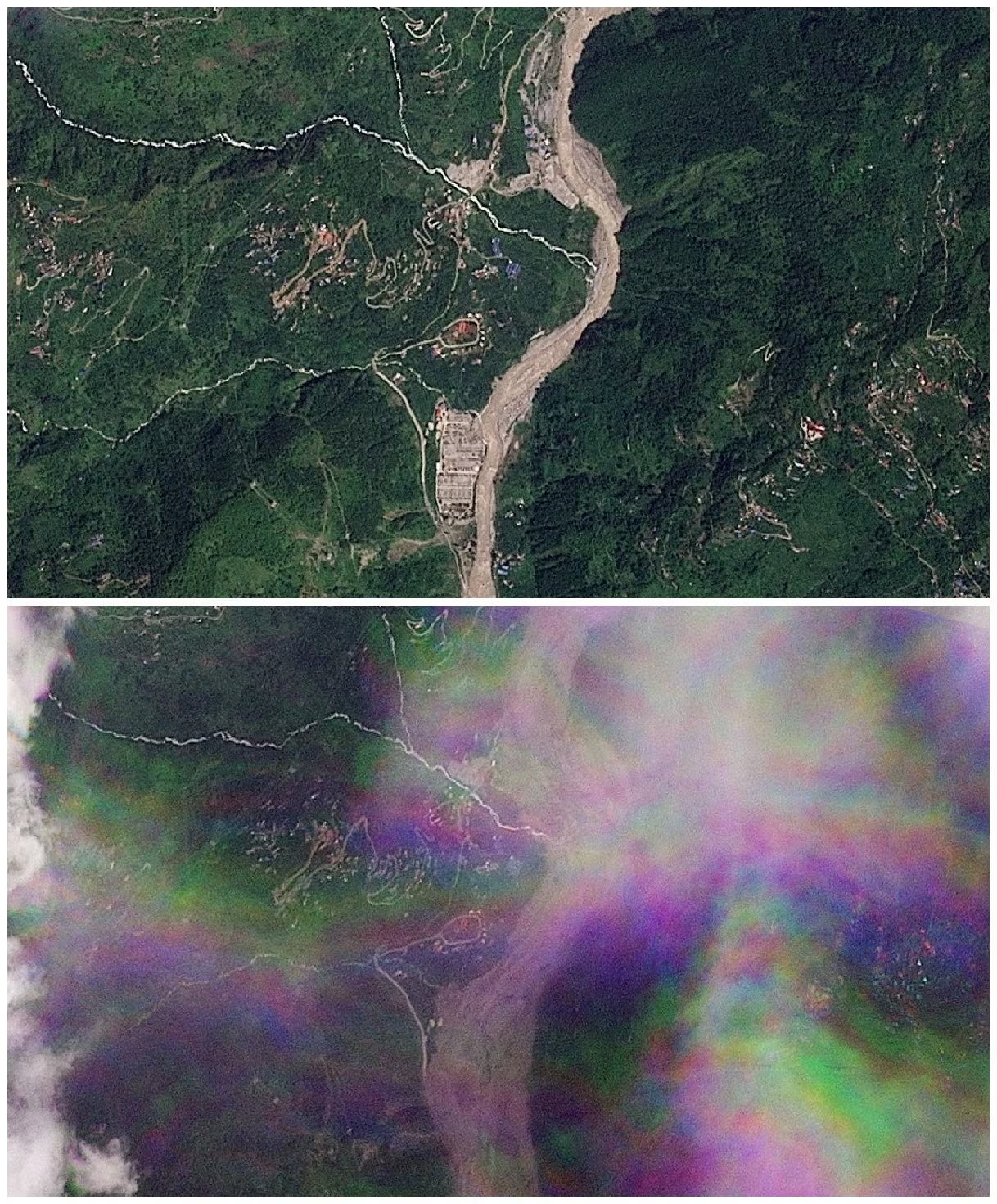 Imágenes satelitales muestran la localidad de Manakamana, Nepal, antes (arriba, 23 de agosto) y después (abajo, 26 de agosto) de la crecida repentina que devastó la zona (2026 Planet Labs PBC/Handout via REUTERS)