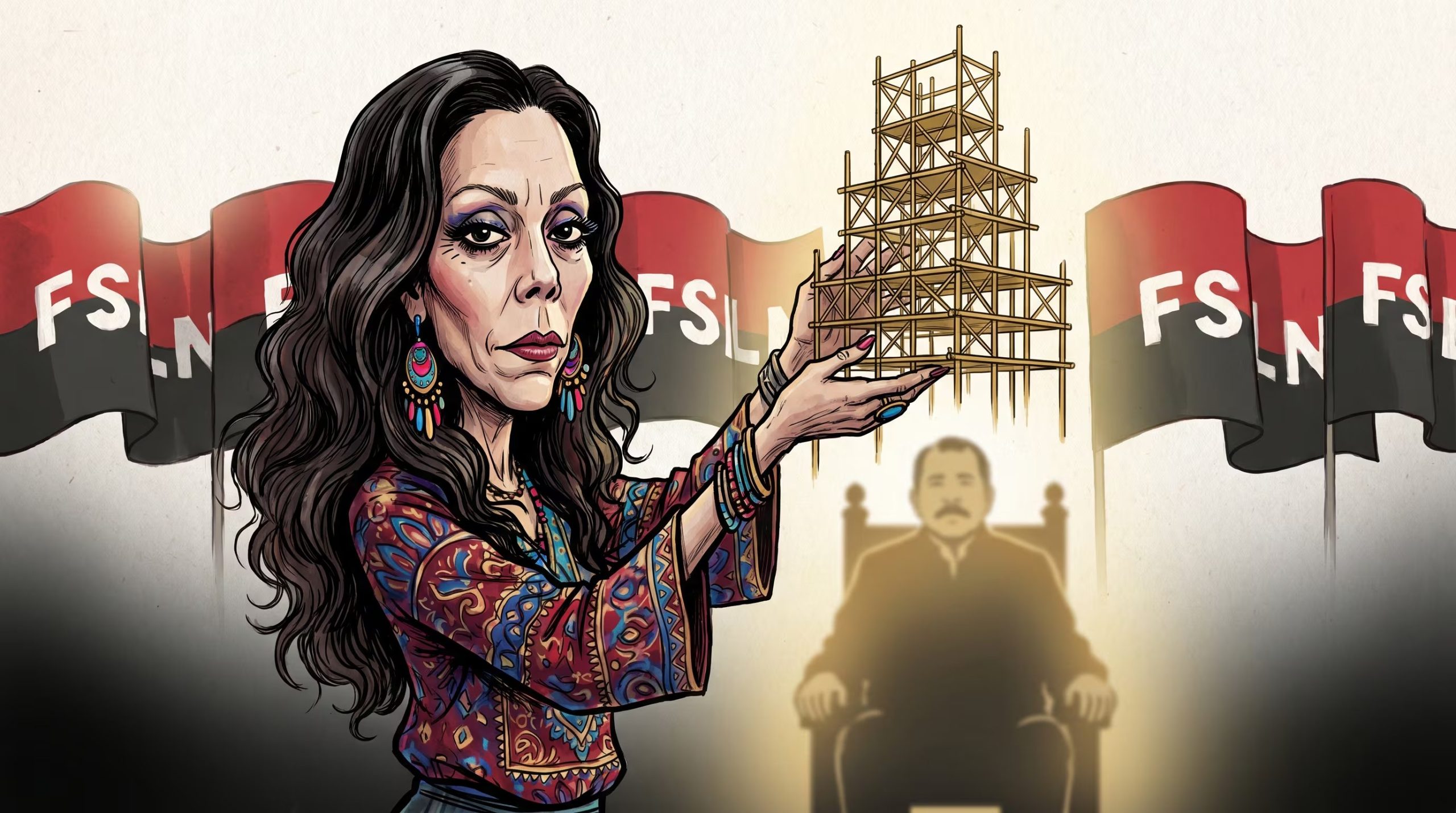 Rosario Murillo, vicepresidenta de Nicaragua, es caricaturizada sosteniendo una estructura de poder que se apoya en la silueta difuminada de Daniel Ortega, con banderas del FSLN al fondo. (Imagen Ilustrativa Infobae)