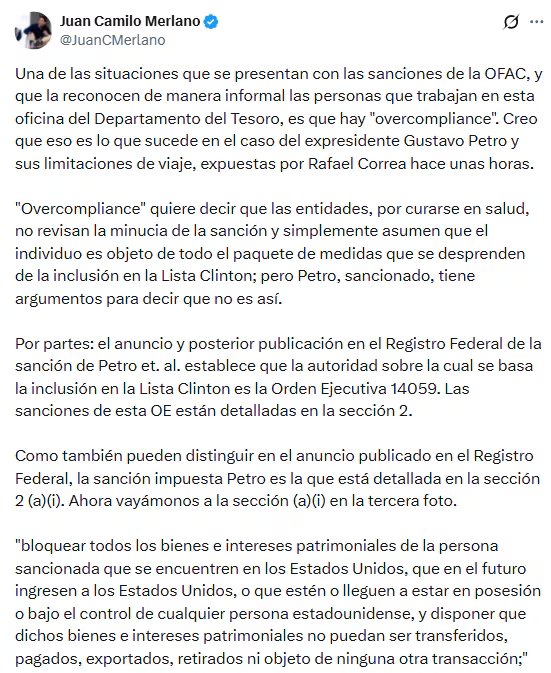 El “overcompliance”, una práctica por la cual las entidades, “por curarse en salud”, no revisan el alcance minucioso de la sanción y terminan actuando como si el individuo estuviera alcanzado por todas las restricciones posibles - crédito @JuanCMerlano/X