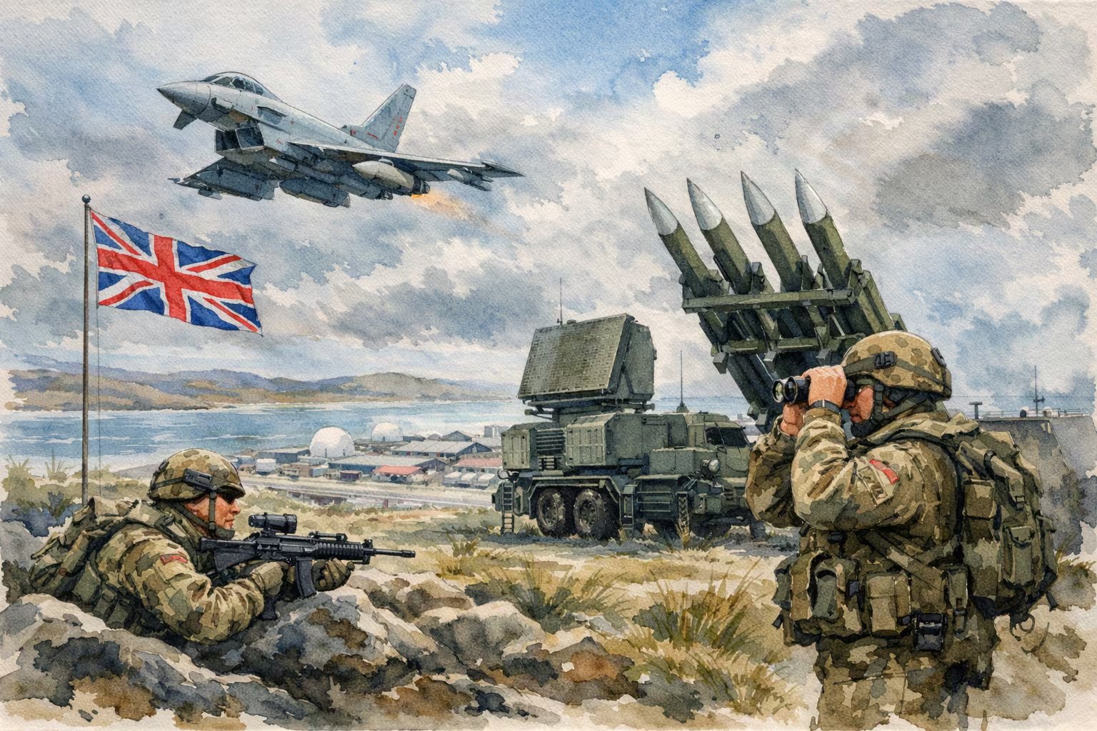 Las fuerzas británicas mantienen una postura de alerta máxima en las Islas Malvinas, con un caza Typhoon, soldados en vigilancia y el sistema de misiles Sky Sabre desplegados en la base aérea de Mount Pleasant para asegurar la defensa del archipiélago. (Imagen Ilustrativa Infobae)