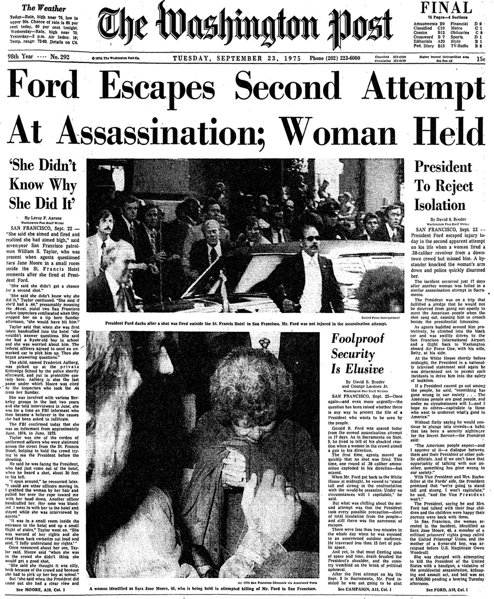El intento de asesinato de Gerald Ford en la tapa del Washington Post (Grosby)