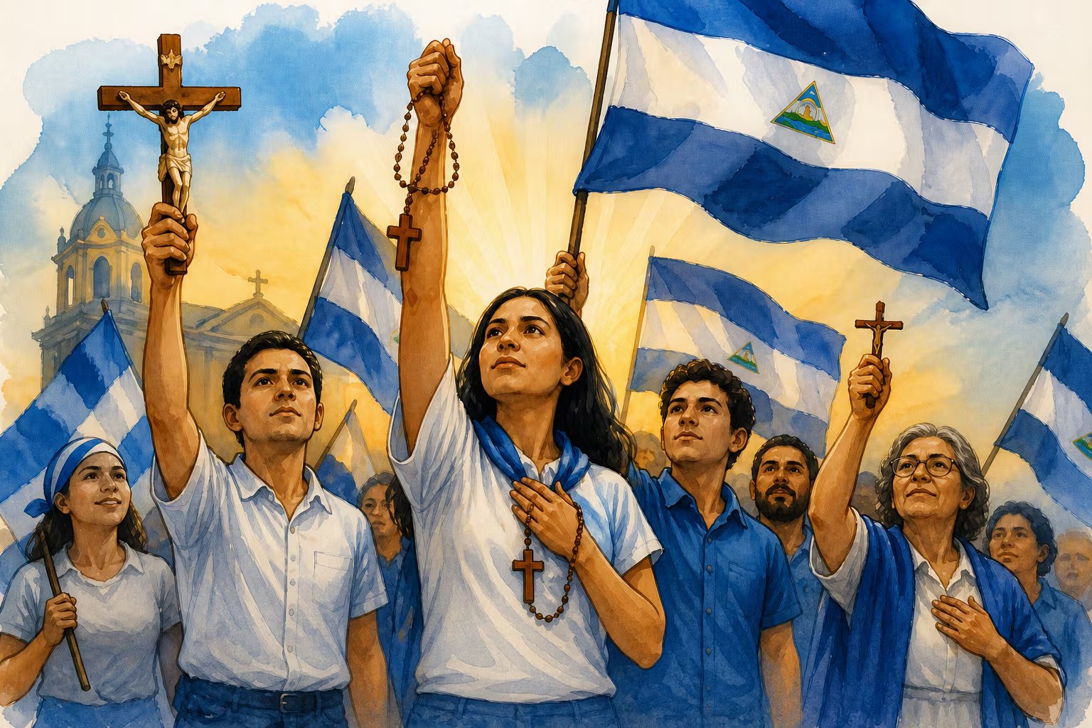 Un grupo de personas sostiene banderas de Nicaragua, crucifijos y rosarios durante una marcha en las inmediaciones de una iglesia. (Imagen Ilustrativa Infobae)