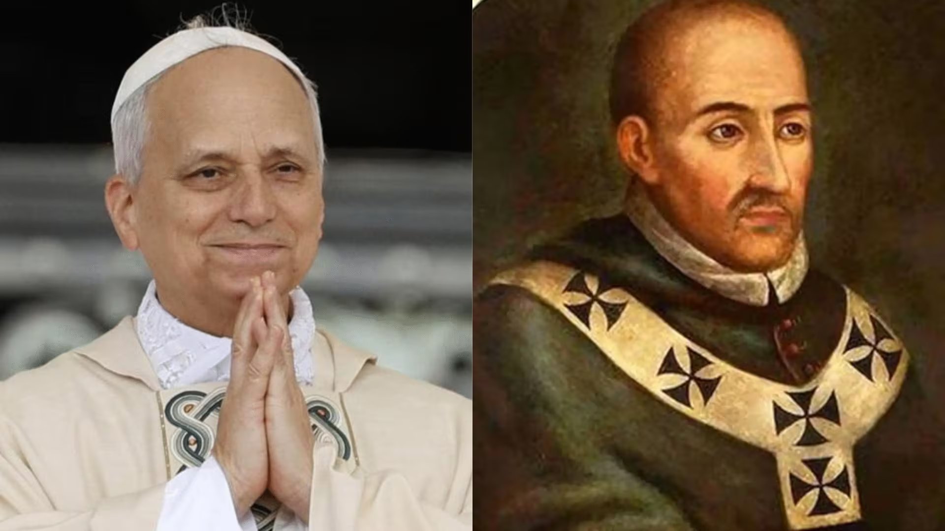 El pontífice León XIV a la izquierda y el retrato de Santo Toribio de Mogrovejo a la derecha, ilustran el vínculo del papa con el legado evangelizador del arzobispo en Perú. (Infobae Perú/Difusión)