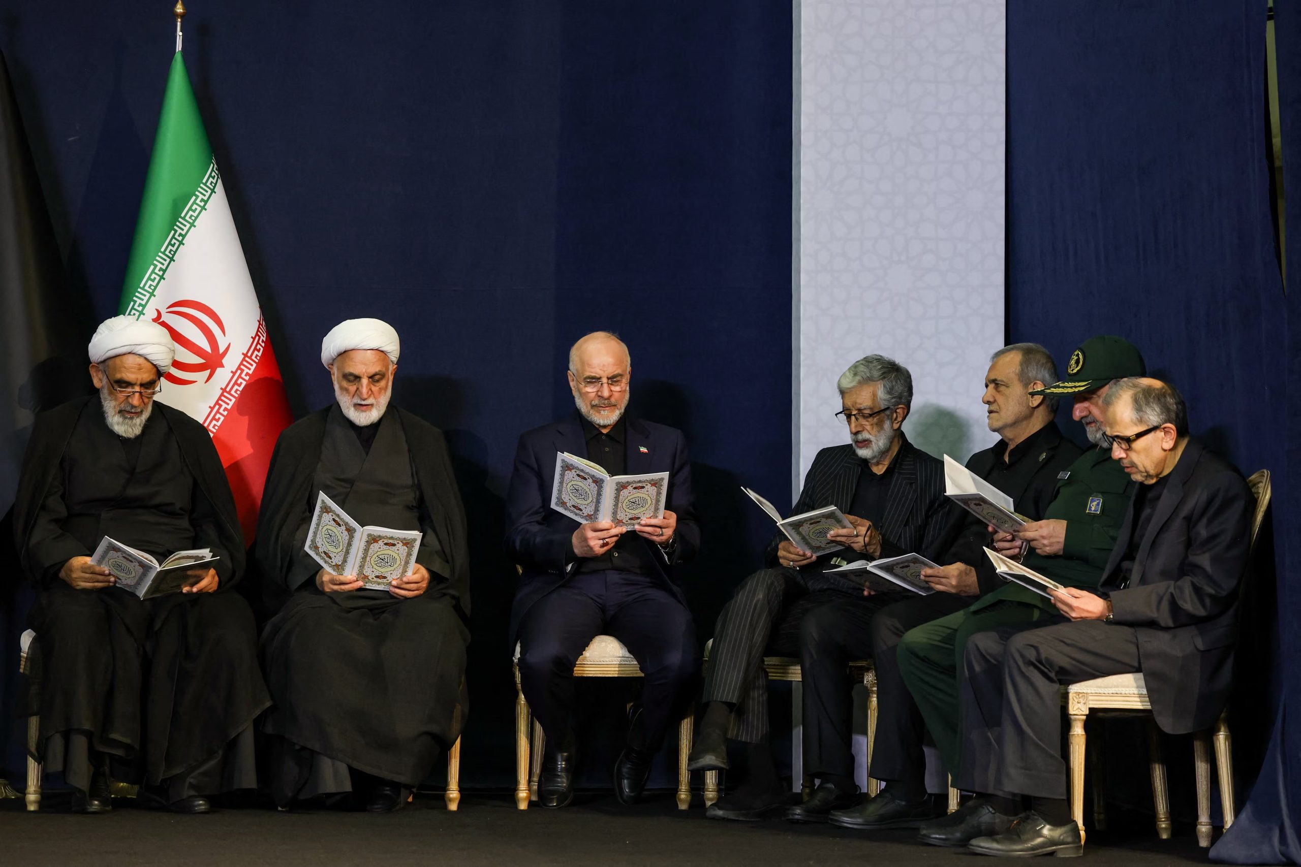 Member of the Assembly of Experts Mohsen Qomi, Chief Justice of Iran Gholam-Hossein Mohseni Ejei, Iran's parliament speaker Mohammad Baqer Qalibaf, Father-in-law of Iran's Supreme Leader Mojtaba Khamenei, Gholamali Haddad Adel, Iranian President Masoud Pezeshkian and adviser to Iran's supreme leader Mohsen Rezaei attend a farewell ceremony for Iran's late Supreme Leader Ayatollah Ali Khamenei, who was killed on February 28 during Israeli and U.S. airstrikes on Iran, for international delegates at the Imam Khomeini Grand Mosalla in Tehran, Iran, July 3, 2026. REUTERS/Mohammed Salem Foreign media in Iran operate under guidelines set by the Ministry of Culture and Islamic Guidance, which regulates press activity and permissions ISRAEL OUT. NO COMMERCIAL OR EDITORIAL SALES IN ISRAEL. NO ACCESS FOR ISRAELI MEDIA. NO USE BBC PERSIAN. NO USE VOA PERSIAN. NO USE MANOTO. NO USE IRAN INTERNATIONAL. NO USE RADIO FARDA. DIGITAL: NO USE BBC PERSIAN. NO USE VOA PERSIAN. NO USE MANOTO. NO USE IRAN INTERNATIONAL. NO USE RADIO FARDA.