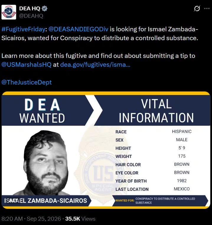 La DEA volvió a publicar la ficha de búsqueda del hijo de El Mayo. (X @DEAHQ)