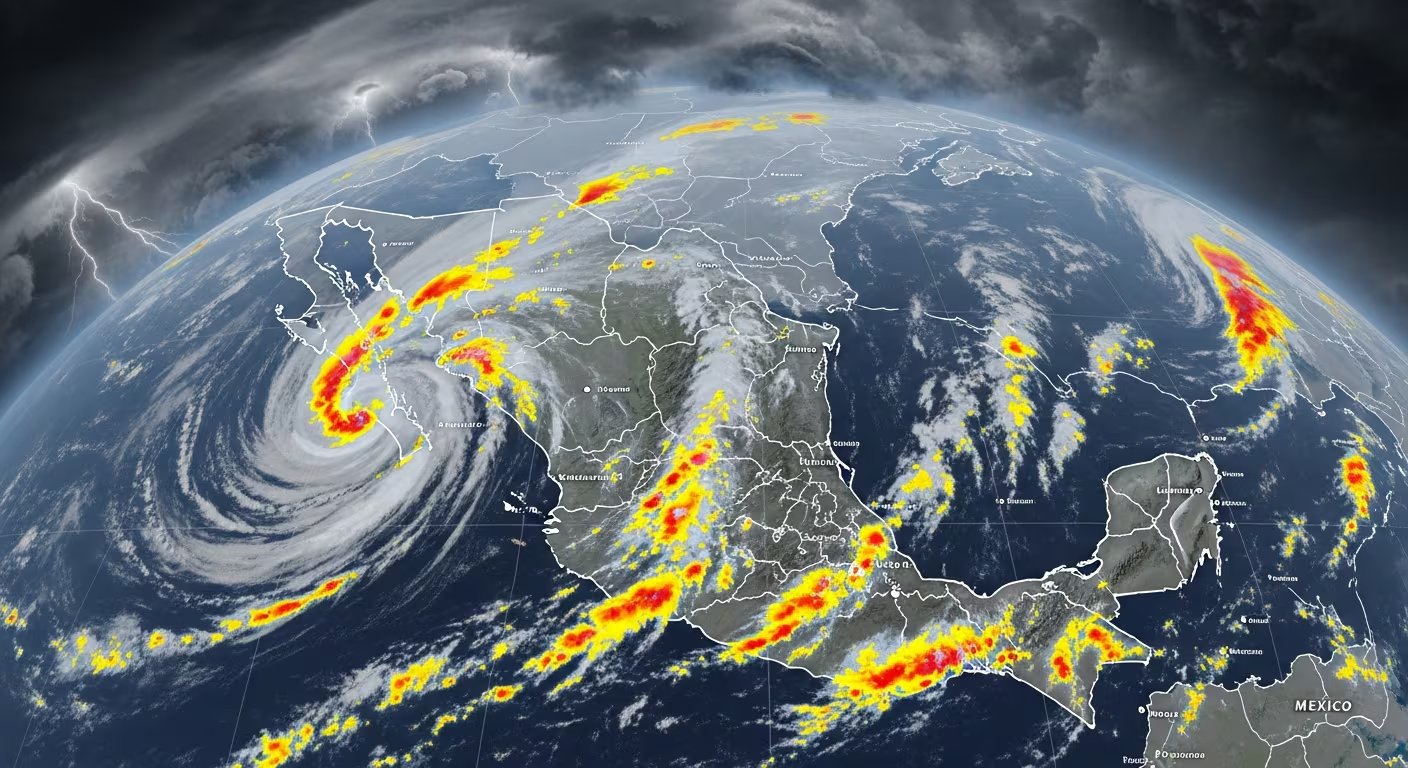 Una vista satelital muestra ondas tropicales y un sistema de baja presión con fuertes lluvias en casi todo el territorio mexicano, incluyendo un huracán en la costa del Pacífico. (Imagen Ilustrativa Infobae)