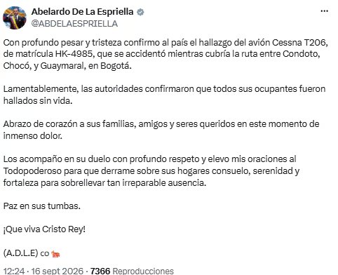 Abelardo de la Espriella confirmó hallazgo de aeronave accidentada con todos sus ocupantes fallecidos - crédito @ABDELAESPRIELLA/X