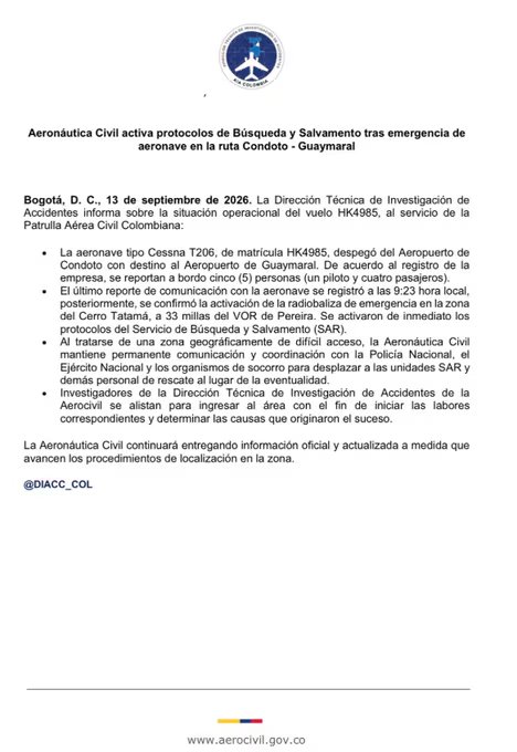 Buscan una avioneta con cinco personas a bordo tras perder contacto cerca del cerro Tatamá - crédito Aeronáutica Civil