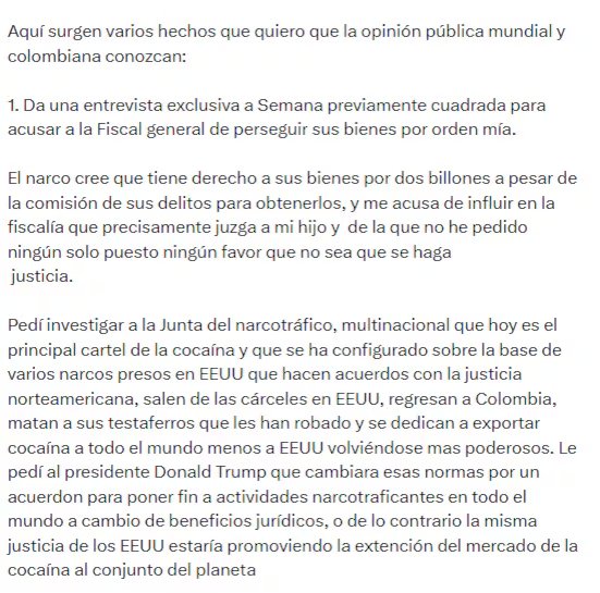 El exjefe de Estado cuestionó la versión sobre una presión para impedir una declaración en Estados Unidos
 - crédito @petrogustavo/X