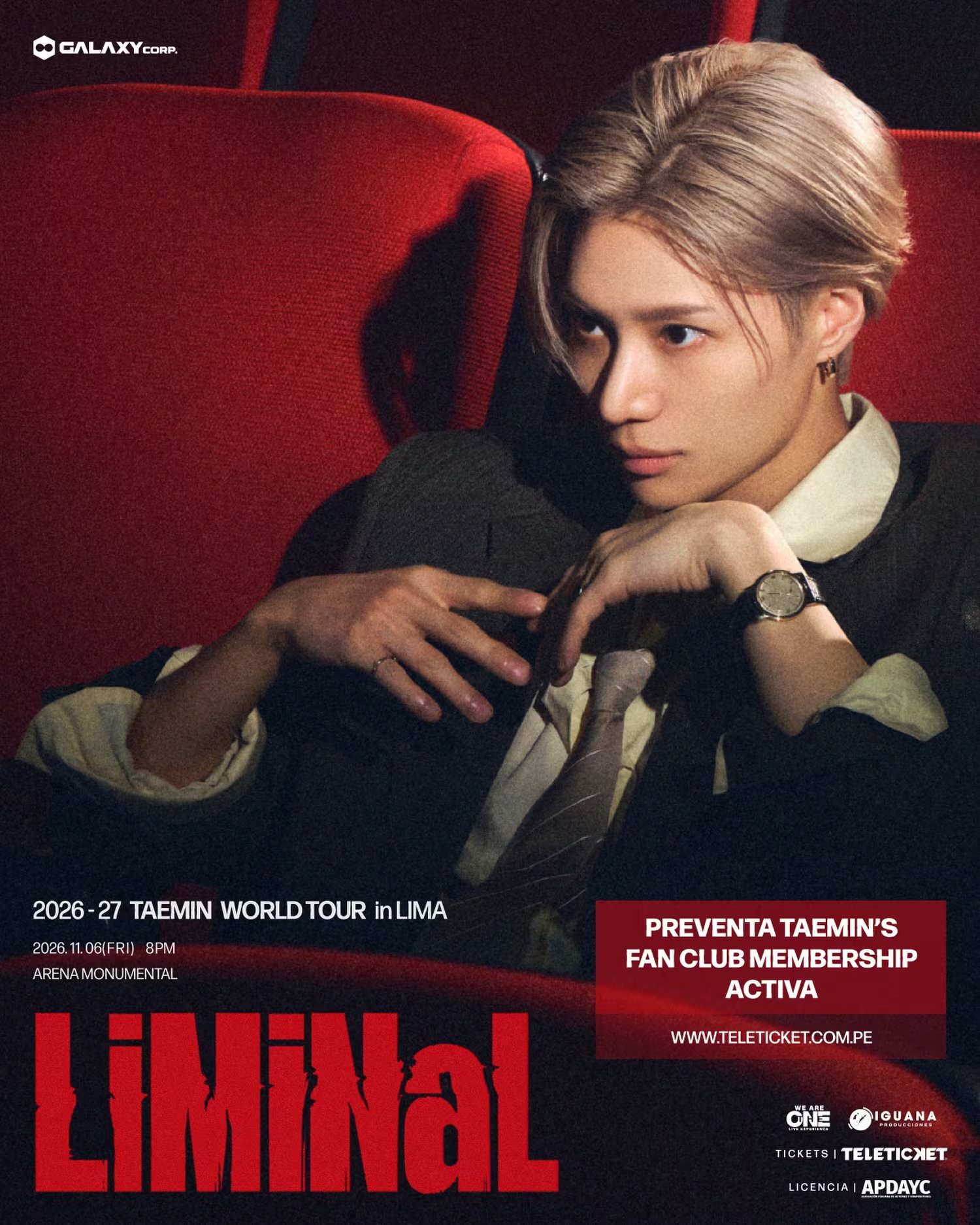 El afiche promocional de la gira mundial de Taemin confirma su presentación en el Arena Monumental de Lima el 6 de noviembre de 2026.