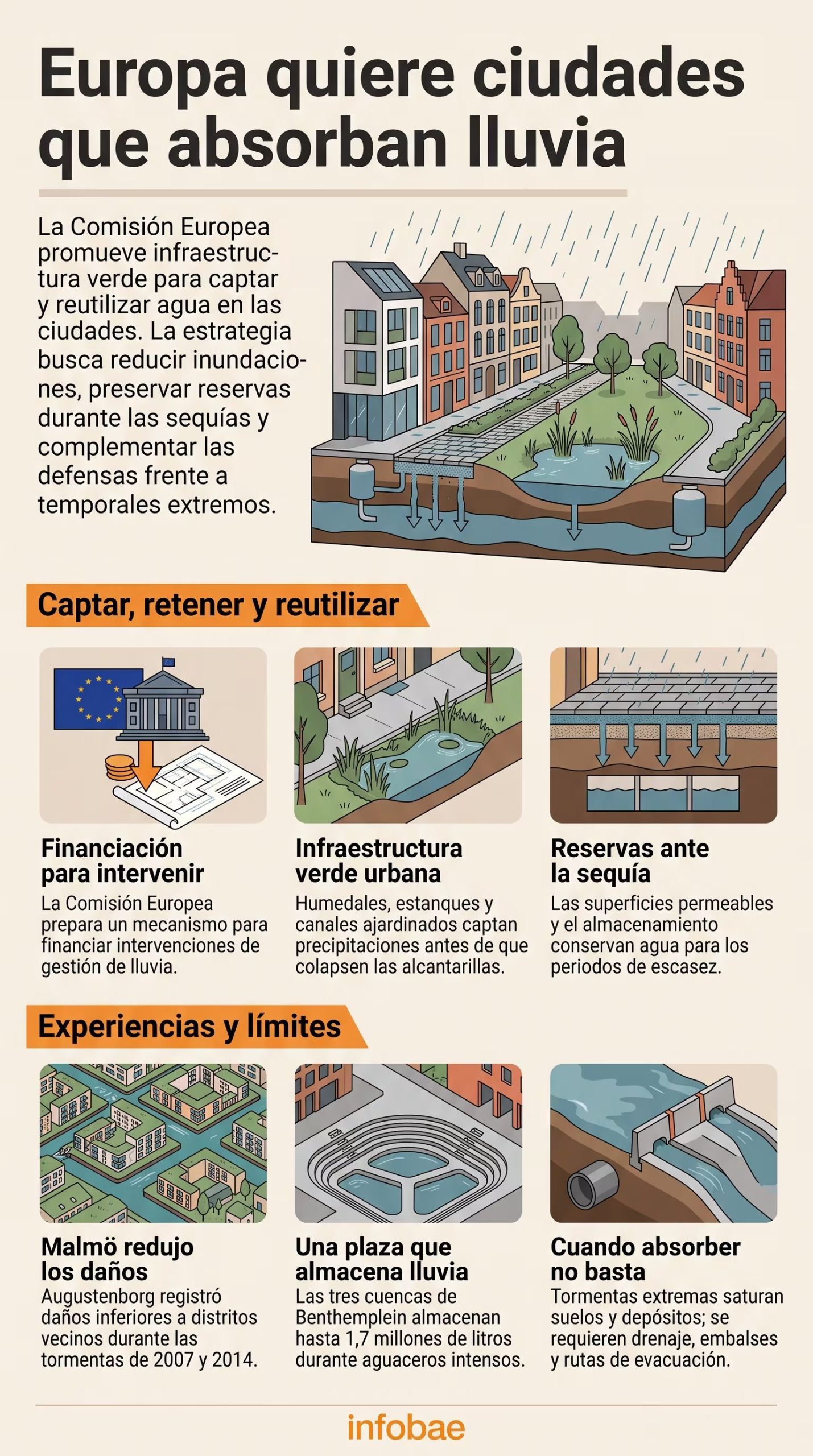 La Comisión Europea impulsa en el continente infraestructuras verdes y reservorios urbanos para mitigar inundaciones y almacenar agua de lluvia (Imagen Ilustrativa Infobae)