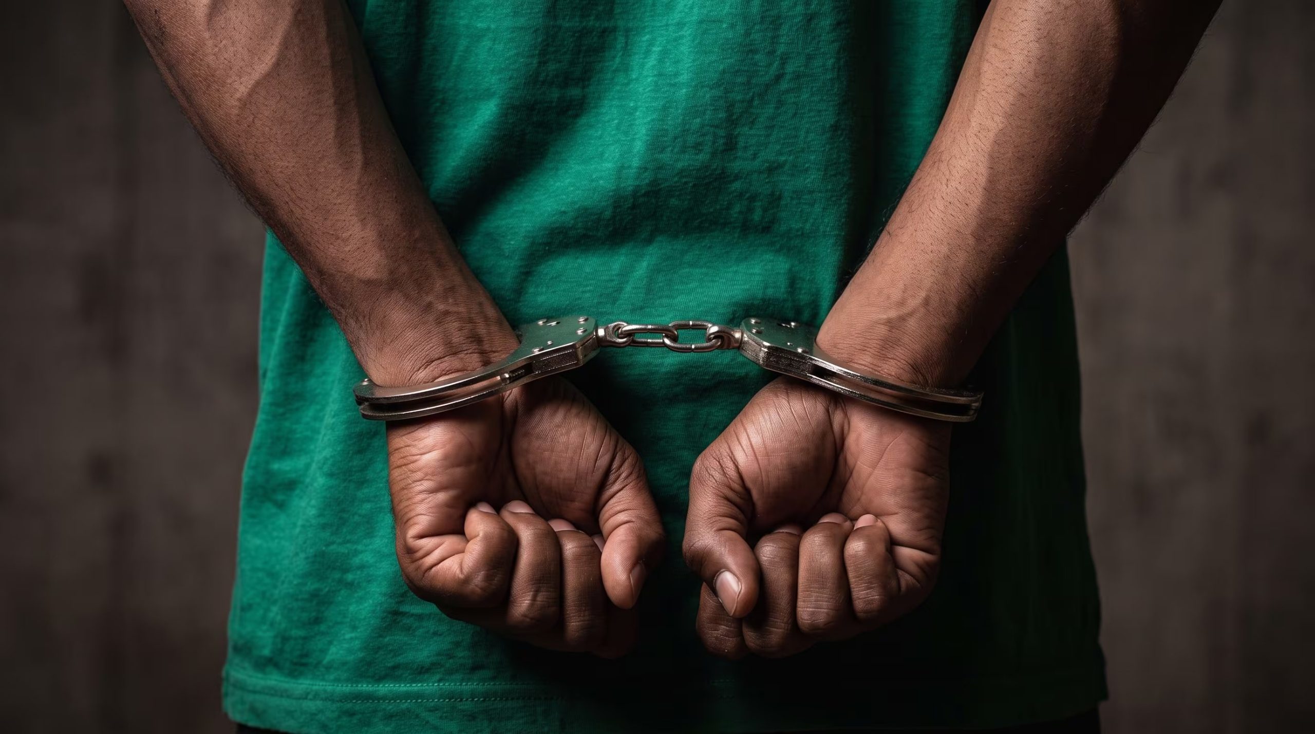 Un hombre bajo custodia policial permanece de pie con las manos esposadas a la espalda. (Imagen Ilustrativa Infobae)