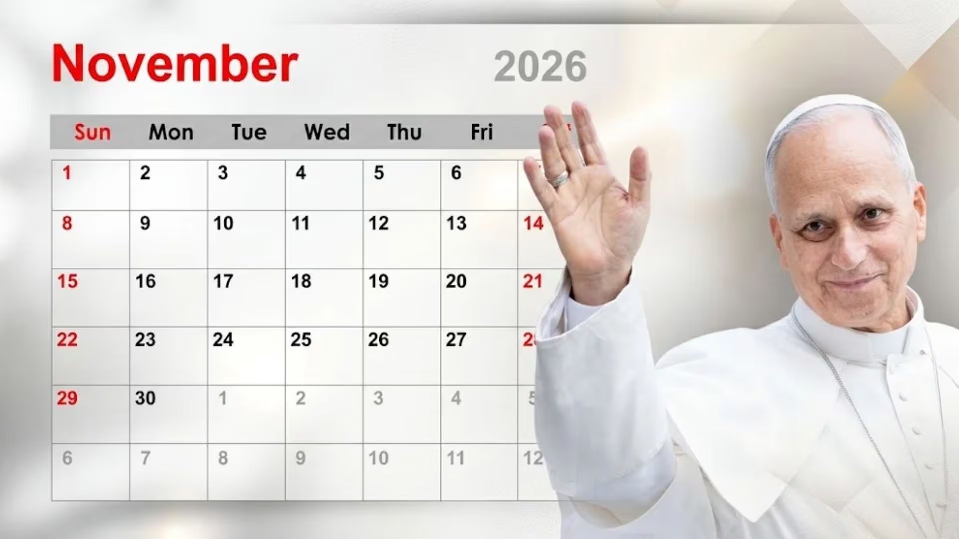 Un calendario del mes de noviembre de 2026 figura junto a la imagen del papa León XIV con vestiduras blancas en el marco de la planificación de su visita a Perú. (Imagen Ilustrativa de Infobae)