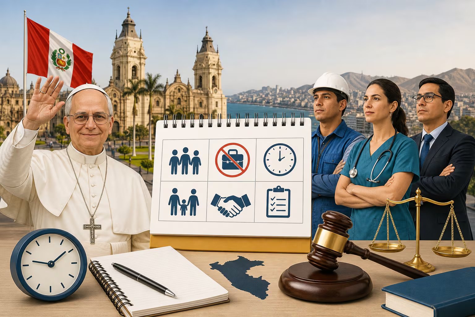 Elementos legales y laborales ilustran la aplicación de los días no laborables compensables decretados en Perú ante la visita del papa León XIV. (Imagen Ilustrativa Infobae)