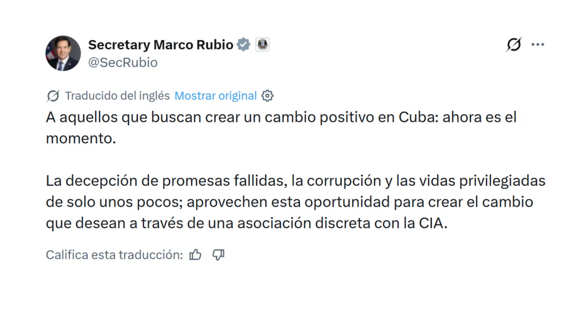 El mensaje de Marco Rubio vía la red social X (@SecRubio)