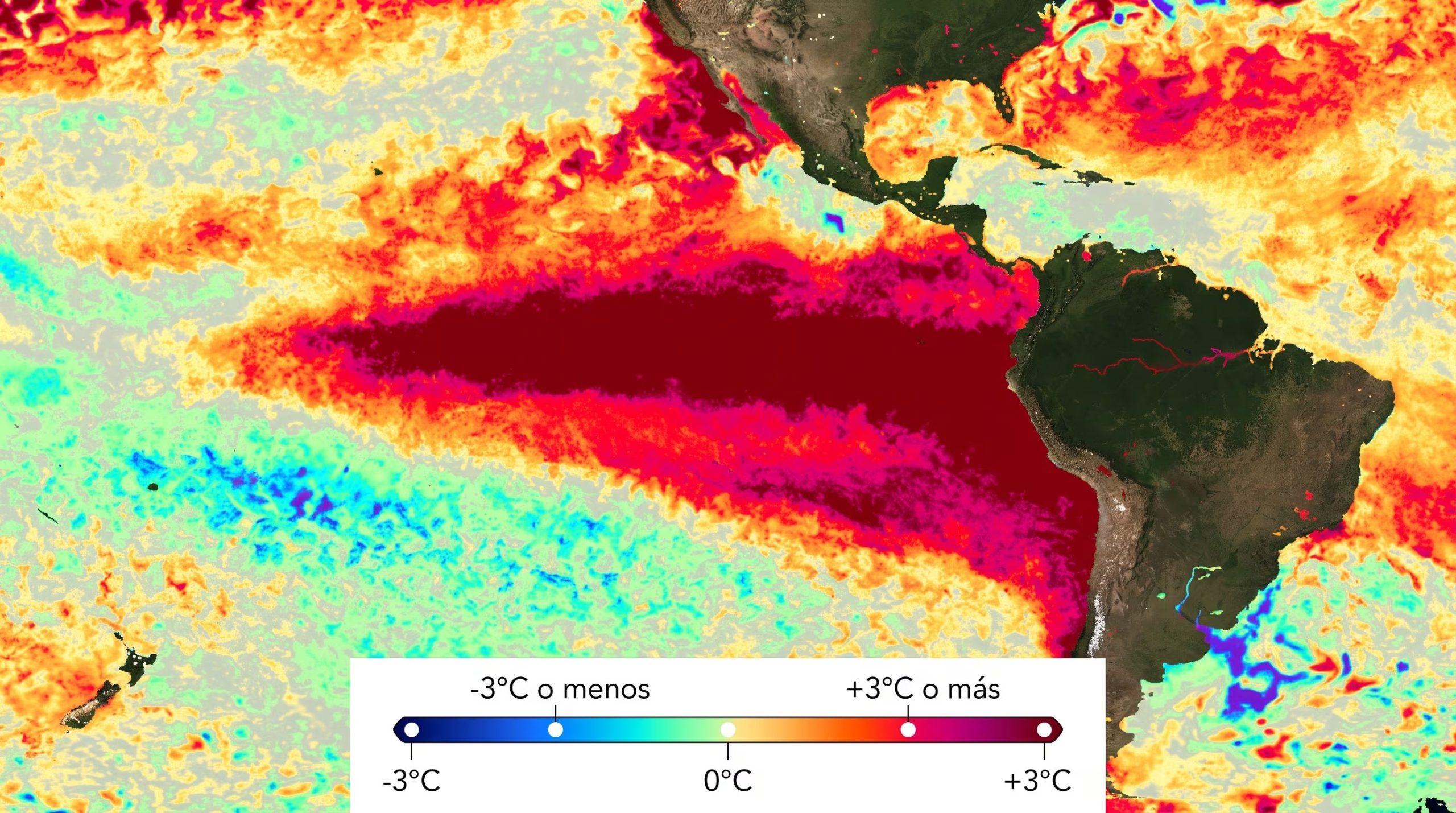 Un mapa térmico registra el incremento de la temperatura superficial en el océano Pacífico ecuatorial debido al fenómeno de El Niño junto con una escala en grados Celsius. (Imagen Ilustrativa Infobae)